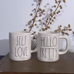 2 Rae Dunn mugs SELF LOVE & PRETTY white